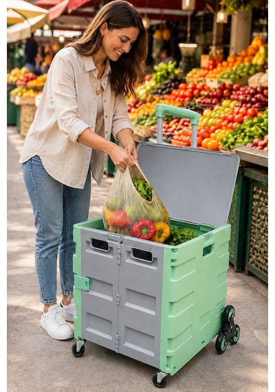 90 Kg Taşıma Kapasiteli Katlanır 3 Tekerlekli Merdiven Çıkan Market Pazar Ve Yük Taşıma Arabası Tr90c