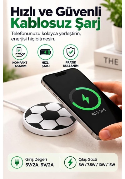 Torima Kablosuz Şarj Cihazı Futbol Topu Görünümlü 15w Hızlı Şarj Pad Mc07 Beyaz