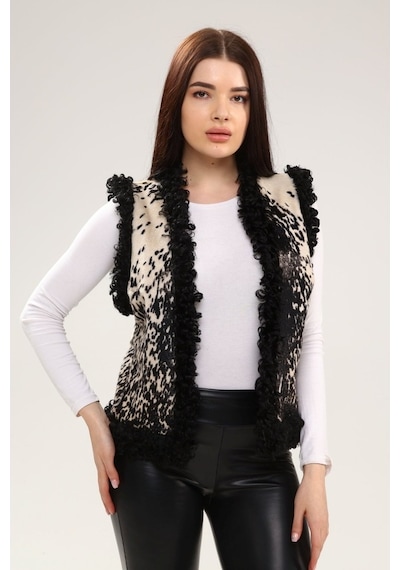Leatinn Beyaz Kadın Desenli Deri Yelek (541521297) Çok Renkli