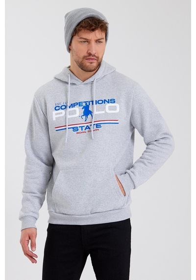 Polostate Erkek Kapüşonlu Baskılı 3 İplik Sweatshirt Gri
