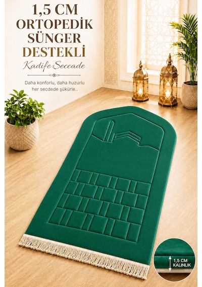 Ortopedik Süngerli Seccade Kalın Yumuşak Namaz Seccadesi, Diz Ve Eklem Destekli Lüks Seccade Yeşil