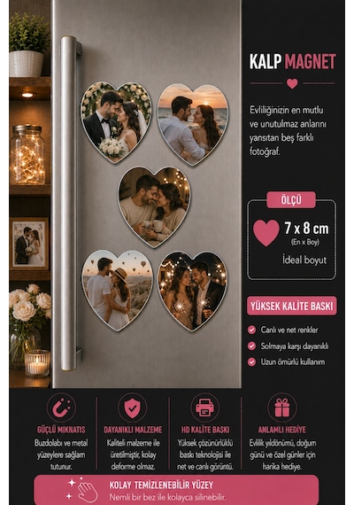 5'li Kalp Düğün Ve Evlilik Fotoğraf Magneti Kişiselleştirilebilir Romantik Anı Hediyesi