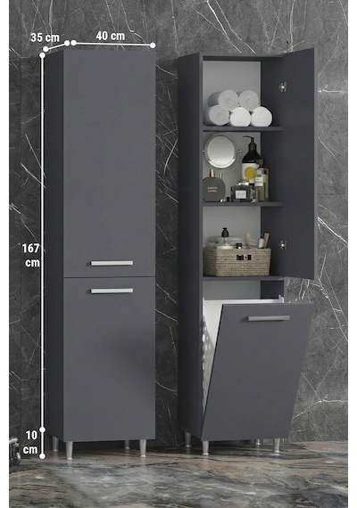 40x167 Cm Antrasit Gri Mdf Sepetli Ayaklı Banyo Boy Dolabı