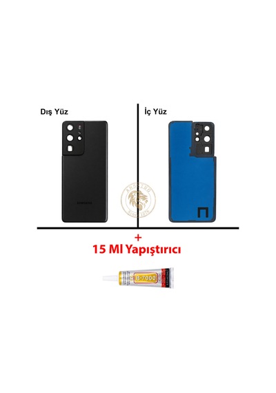 Samsung Galaxy S21 Ultra Siyah Renk Lensli Arka Kapak + B7000 Yapıştırıcı Arka Cam Batarya Kapağı Pil Kapağı Lazer Kesim Back Cover Galaxy S21 Ultra Uyumlu