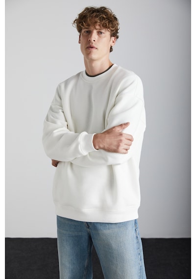 Grimelange Stephan Erkek Yumuşacık Kumaşlı Organik Pamuklu Oversize Fit Yuvarlak Yakalı Ekru Sweatsh Ekru
