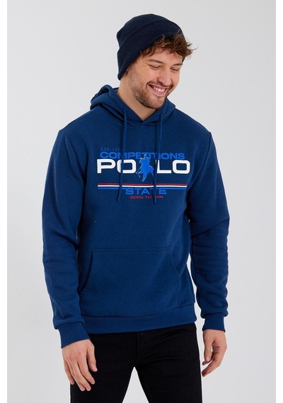 Polostate Erkek Kapüşonlu Baskılı 3 İplik Sweatshirt İndigo