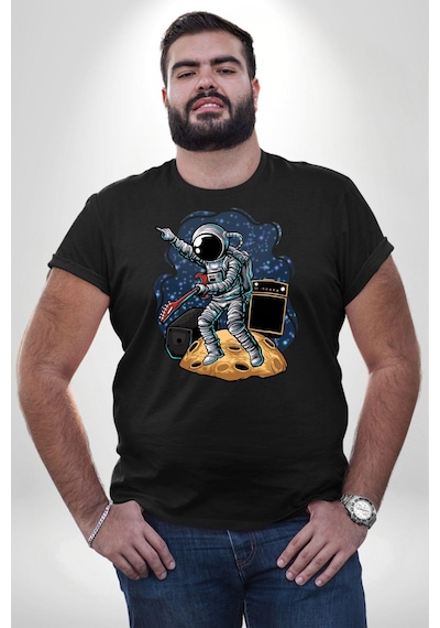 Angemiel Gitar Astronot Müzik Uzay Siyah Büyük Beden Erkek Kadın Unisex Basic Ön Baskılı Tişört Siyah