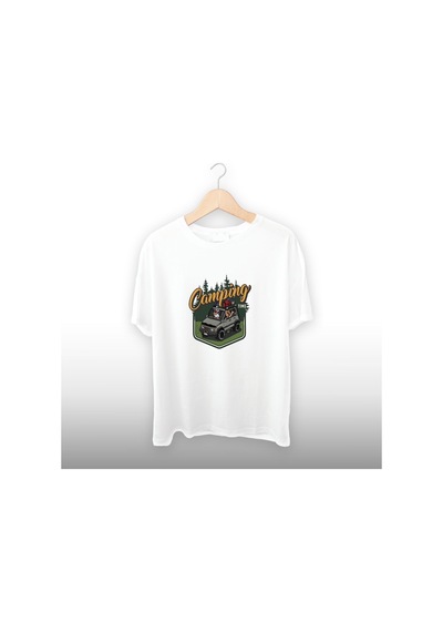 Camping Time Detaylı Unisex Tişört Beyaz