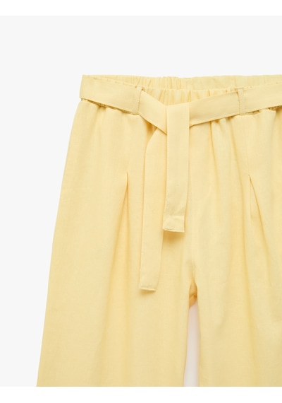 Koton Beli Bağlamalı Keten Ve Viskon Karışımlı Geniş Paça Pantolon Sarı 6skg40093aw