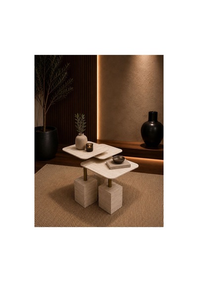 Modern Zigon Sehpa Trio Yan Sehpa Servis Sehpası Traveten Desen %100 Mdf Gri Gri
