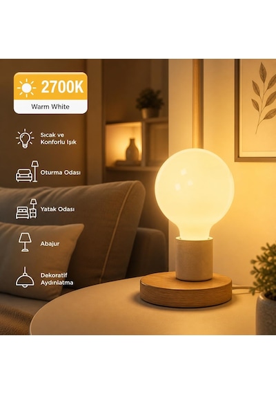 Ecolite G125 Büyük Boy Led Ampul 12w 104w Eşdeğer E27 Duy Dimmer Uyumlu 1600 Lümen 2700k Sarı Işık Dekoratif Soft Globe Ampul 178x125 Mm