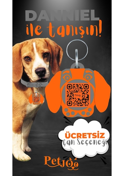 Petjoo 21.Danniel Turuncu-Gri Qr'lı Köpek Künyesi