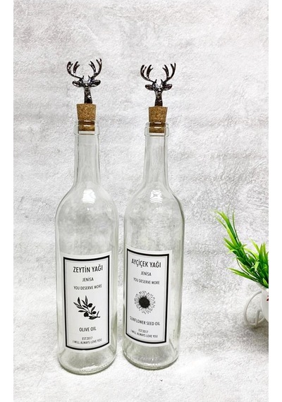 Siyah Geyik Tıpalı Şeffaf Cam Şişe 2'li 750 Ml Zeytinyağı Sıvıyağ