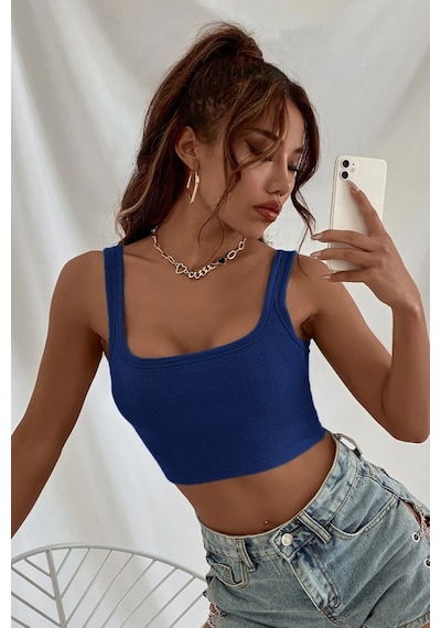 Najmaddin.com Beru Kadın Lacivert Kalın Askılı Crop Top Büstiyer