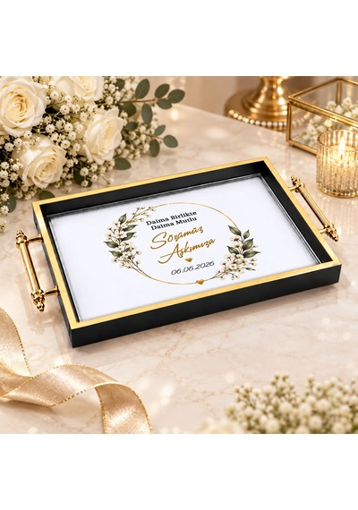 Bk Gift Kişiye Özel Siyah&gold Söz Nişan Tepsisi-5 - 39x23 Cm Çok Renkli