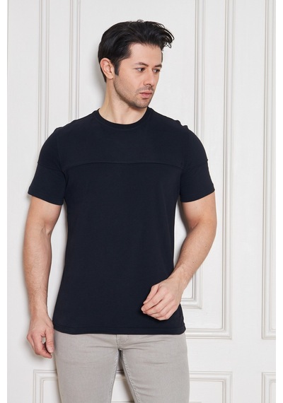 Jeuss Erkek Viscon Lina Likralı Kumaş Bisiklet Yaka Siyah Tshirt