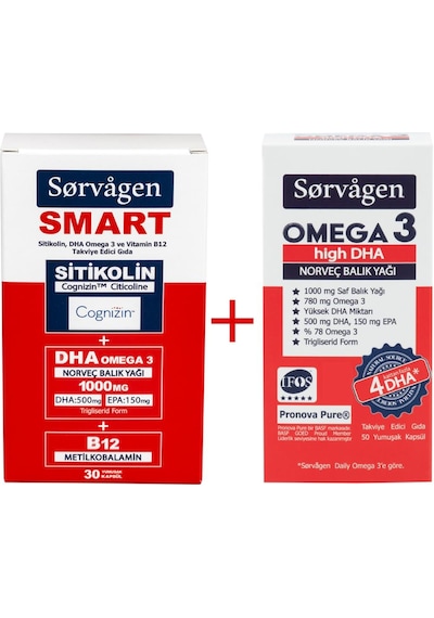 Sorvagen Smart Sitikolin DHA Omega 3 B12 30 Kapsül + Sorvagen Omega 3 High DHA Norveç Balık Yağı
