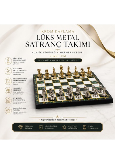 Lüks Metal Satranç Takımı Krom Figürlü 20 X 20 Cm Yeşil Mermer Desenli Dekoratif Özel Hediye Seti