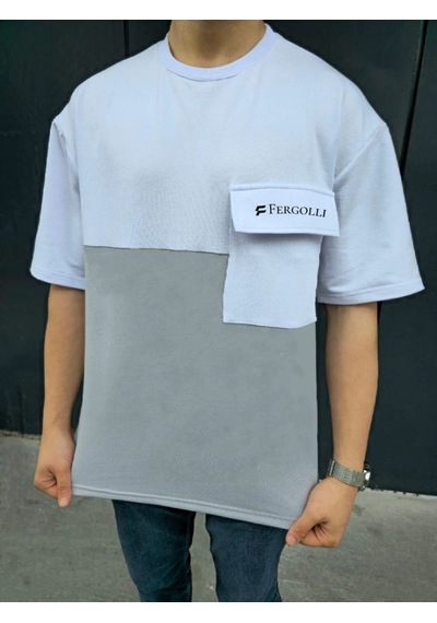 Erkek Tişört Torba Cepli Parçalı Kısa Kol T-shirt - Gri