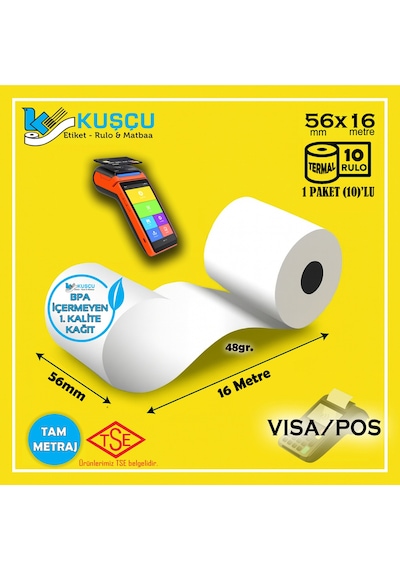 10 Adet 56x16 Tse Belgeli - 1. Kalite - Bpa İçermeyen - Visa,pos,yazar Kasa