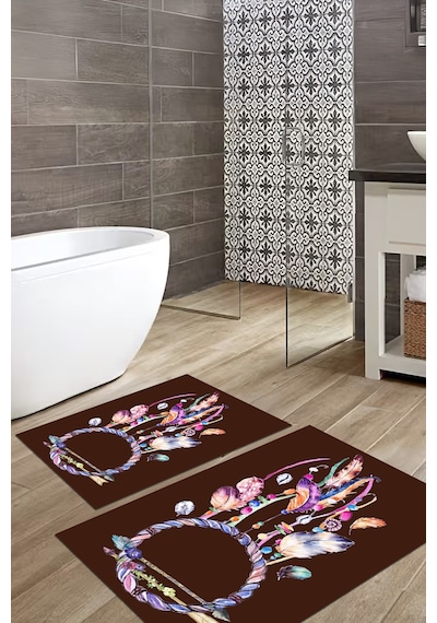 Buççin Online Mağaza Dijital Baskılı Yıkanabilir Ve Kaymaz Tabanlı Renkli Kuş Tüy Model Banyo Paspası Klozet Takımı Polye Çok Renkli