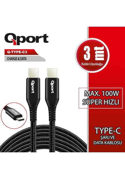Qport Q-type-c3 3m Type-c 100w Super Hızlı Pd Sarj Ve Data Kablosu