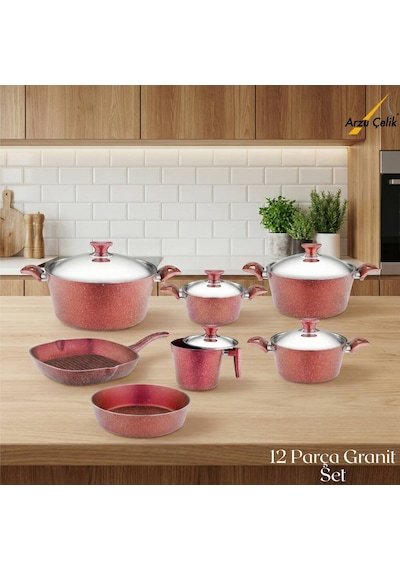 12 Parça Granit Set Çelik Kapak - Kırmızı Kırmızı