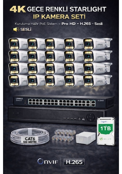 16 Kameralı 4k 1440p Full Hd Sesli Poe Ip Kamera Sistemi Gece Renkli Ultra Hd Güvenlik Seti