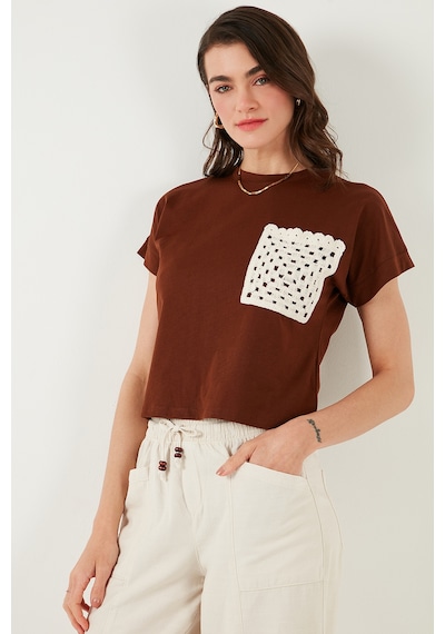 Lela Pamuklu Tek Cepli Regular Fit Bisiklet Yaka Bayan T Shirt 5865818 Kahve