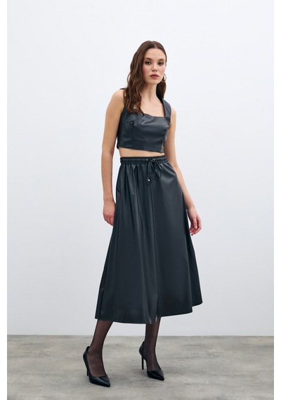 Sateen Bel Lastikli Deri Etek - Siyah-135588 Siyah