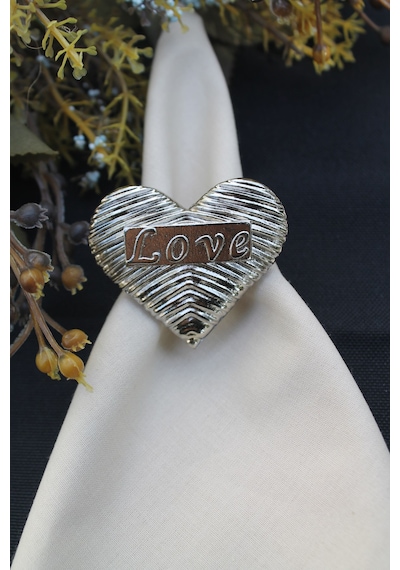 6 Adet Gümüş Love Kalp Metal Peçete Halkası - Napkin Ring