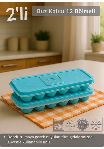 2'li Set Buz Kalıbı 12 Bölmeli Esnek Silikon Buz Küpü Bpa Free Kare Bas Parmak Buzluk Çapı 3,5 Cm Mavi Yeşil