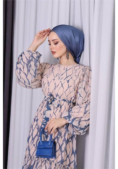 Neşeli Butik Kadın Şifon Eteği Fırfırlı Desenli Tesettür Elbise Sms008 Mavi