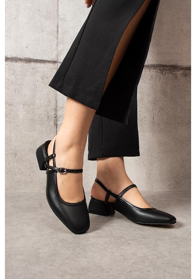 Shoetek Beatta Kadın Topuklu Bilekten Bantlı Kalın Topuklu Babet Siyah Deri Siyah Cilt