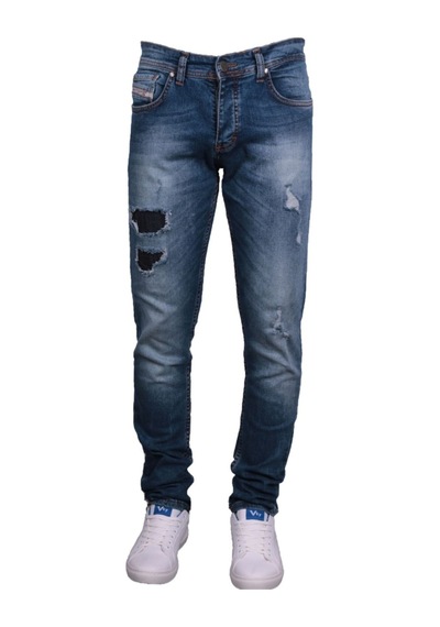 Erkek Mavi Denim Perç İşlemeli Pantolon Mavi