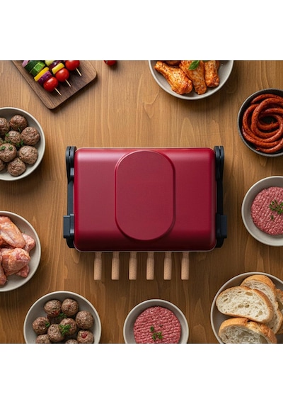 Ab670 1200w Kırmızı Elektrikli Izgara, Kokusuz &amp Dumansız Mangal, Barbekü, 6 Adet Krom-nikel Kaplama Şiş Diğer