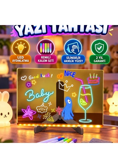 Çocuklar İçin Renkli Led Mesaj Tahtası Neon Kalemli Akrilik Yazı Ve Çizim Panosu