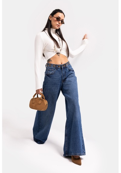 Kadın Mavi 2w6-5 Palazzo Fit Kemer Detaylı Özel Tasarım Denim Jean