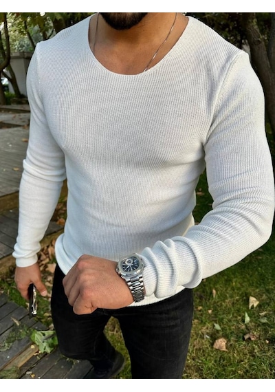 Elku Moda Kazak Örme Tüylenmez Naturel Pamuk Kazak Slim Fit Triko Dar Kesim Body Kazak Beyaz