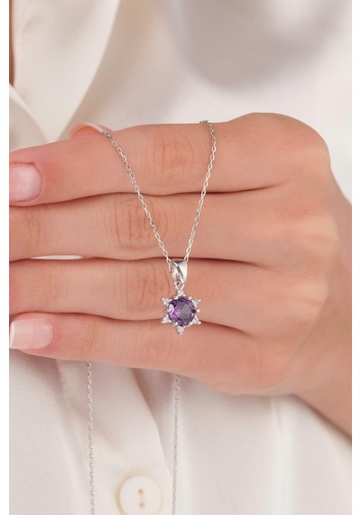 Gümüş Pırlanta Modeli Mor Ametist Taşlı Lotus Çiçeği Kolye