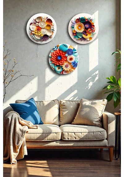 3 Parça Kabartmalı Modern Çiçek Mdf Tablo Seti, Oturma Odası, Salon, Ofis, Ev Duvar Tablosu Dekoru