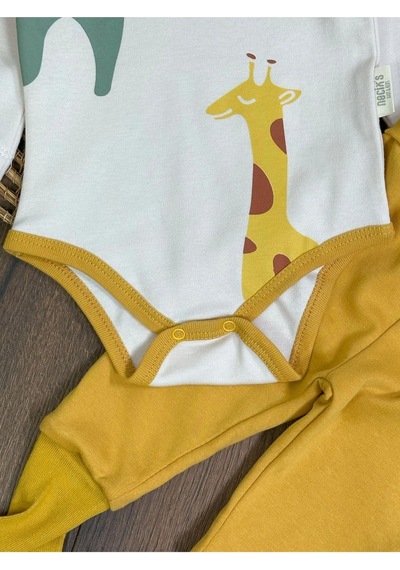 Tiwitibaby Safari Baskılı Çoraplı Alttan Çıtçıtlı Erkek Bebek Takım-zıbın Takım Sari