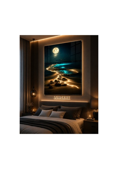 Ay Işığı Sahili Cam Tablo 4 Mm Temperli Cam Üzerine Premium Uv Baskılı Dekoratif Deniz Manzaralı Duvar Tablosu Salon, Yatak Odası Ve Ofis Dekoru