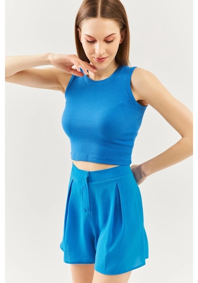 Butikgiz Kadın Sıfır Kol Bisiklet Yaka Vücuda Oturan %100 Pamuklu Kaşkorse Esnek Crop Bluz Parlament/indigo