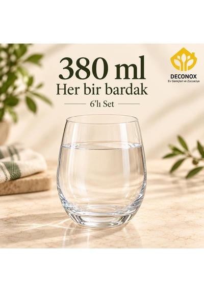 Kristal Cam Su Bardağı Seti 6'li, Her Bardak 380 Ml, Şeffaf Yuvarlak Meşrubat, Limonata Ve Meyve Suyu Bardağı Diğer