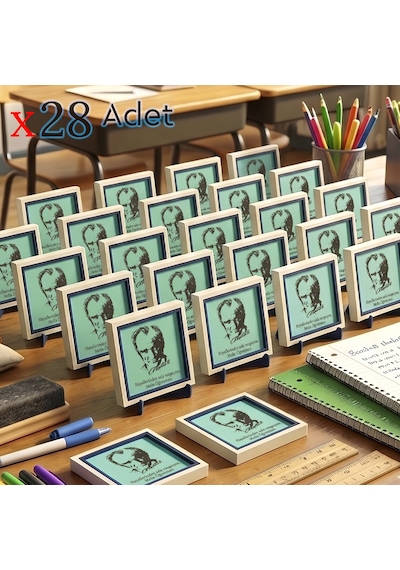 Öğretmen Mesajlı Mezuniyet Hatırası 28'li Set, Atatürk Silüetli Dekoratif Masaüstü Obje, 10x10 Cm