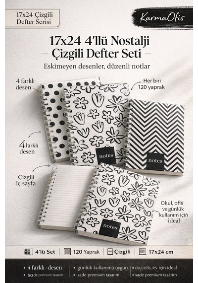 4'lü Spiral Çizgili Defter Seti 17x24 Cm 120 Yp Nostalji Desenli Okul Ofis Defteri