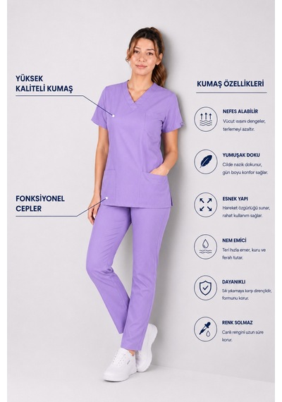 Üniforma Lila Hemşire Ve Doktor Forması Scrubs Takımı Likralı Alt Üst Üniforma Unisex Yarasa Kol
