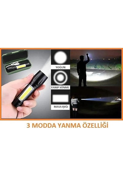 Promosyonca Şarjlı El Feneri, 2000 Lümen, 6 Işık Modlu, Metal Kasa, Zoom Özellikli, Type-c Şarj, Suya Dayanıklı