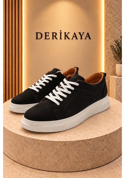 Deri Kaya Erkek Nubuk Deri Bağcıklı Günlük Sneaker Spor Ayakkabı Siyah